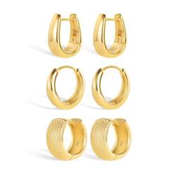 Gold Creolen Kleine Ohrringe Set für Damen, 3 Paar kleinen klobigen Creolen aus Sterlingsilber Ohrringe Hypoallergen 14 Karat vergoldet ovale tropfenförmige dicke Creolen Set für Mehrere Ohrlöcher von KISSPAT