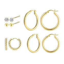 KISSPAT Gold Ohrstecker Set, Silber 925 Hypoallergen Hochwertige Premium Zirkonia Kugel Ohrstecker und Klein Creolen Set, Ohrringe für Damen Mädchen(6 paare) (4 P Vergoldet) von KISSPAT