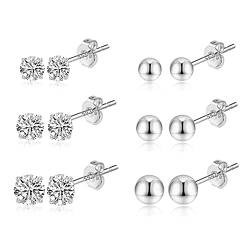 Kleine Ohrstecker Silber 925 Ohrringe Set Damen, 6 Paar Hypoallergen Kleine Ohrstecker Set Premium Kugel und Zirkonia Tragus Ohrringe Set für Mehrere Ohrlöcher (3/4/5mm) von KISSPAT