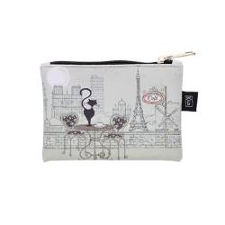 Kleine Tasche oder Geldbörse mit Reißverschluss – Material Kunststoff bedruckt – Motiv Katze im Restaurant neben dem Eiffelturm von Paris – Maße: 14 cm x 10 cm, weiß, Naturstil von KIUB