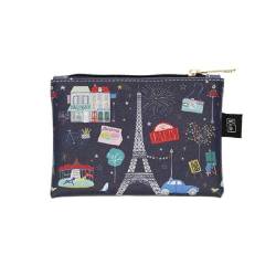Kleine Tasche oder Geldbörse mit Reißverschluss – Material Kunststoff bedruckt – Motiv Paris Eiffelturm und alle Symbole von Paris – Maße: 14 cm x 10 cm, weiß, Naturstil von KIUB
