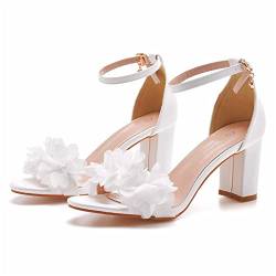 KJCQGQTZ 2023 Damen Sandalen Sommer Hochzeit Blume Nachahmung Schuhe Braut Offene Spitze Blockabsatz Pumps Damen Party Knöchel Schnalle Hohe Blockabsatz Pumps,Weiß,34 EU von KJCQGQTZ