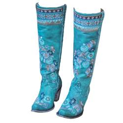 KJCQGQTZ Cowboystiefel Damen Breite Wade, Mode spitzer zulaufende klobige Absätze Leder Halbhohe Stiefel, Winter Schlüpfen Gesticktes Western Cowgirl Kniehoch lang Ritterstiefel,Blue11,42 EU von KJCQGQTZ