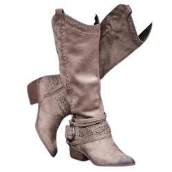 KJCQGQTZ Cowboystiefel Damen Breite Wade, Mode spitzer zulaufende klobige Absätze Leder Halbhohe Stiefel, Winter Schlüpfen Gesticktes Western Cowgirl Kniehoch lang Ritterstiefel,Khaki02,37 EU von KJCQGQTZ