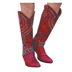 KJCQGQTZ Cowboystiefel Damen Breite Wade, Mode spitzer zulaufende klobige Absätze Leder Halbhohe Stiefel, Winter Schlüpfen Gesticktes Western Cowgirl Kniehoch lang Ritterstiefel,Red10,40 EU von KJCQGQTZ