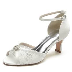 KJCQGQTZ Damen-Glitzer-Hochzeitsschuhe Für Braut Offener Peep-Toe Klobige Absätze Brautschuhe Kristall Mittlerer Kitten-Absatz Knöchelriemen Abschlussball-Abendparty Kleidschuhe,Ivory2,36 EU von KJCQGQTZ