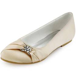 KJCQGQTZ Damen Hochzeitsschuhe Runde Zehe Slip-On Ballerinas Satin Diamante Ballerina Schuhe Weicher Komfort Niedriger Absatz Geschlossene Zehen Pumps Mode Sandalen,Gold,41 EU von KJCQGQTZ