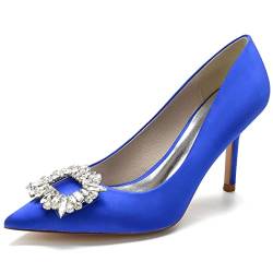 KJCQGQTZ Damen Spitzschuh High Heel 3,3'' Pumps Strass Lederfutter Geschlossene Zehe Braut Hochzeit Sandalen Elegant Chic Satin Absatz Pumps Für Party Abendkleid,Blau,38 EU von KJCQGQTZ