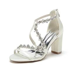 KJCQGQTZ Frauen-Hochzeits-Absätze Brautschuhe Peep-Toe Klobiger Blockabsatz Abendschuhe Offener Zeh Strass Knöchelriemen Brautjungfern-Absätze Reißverschluss Hinten Pumps Sandalen,Elfenbein,41 EU von KJCQGQTZ