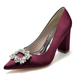 KJCQGQTZ Klobige Hochzeitsschuhe hohem Absatz für Damen Geschlossener Zeh Blockabsatz Spitze Kleid-Pumps Satin Kristall Schlüpfen Sandalen Absatz für Hochzeitsfeier Abendball Büro,Wine red,41 EU von KJCQGQTZ