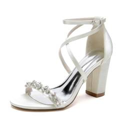 KJCQGQTZ Perlenfarbene Hochzeitsschuhe für Braut Damen Klobige Blockabsätze Kleid-Pumps Fesselriemen Strass-Riemchen Spitze Sommer Brautjungfer Hochhackige Sandalen,Ivory2,39 EU von KJCQGQTZ