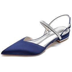 KJCQGQTZ Slingback-Hochzeitsschuhe Damen Kitten-Heel-Satin Niedrige Abendschuhe Braut Chunky Heel Abendgesellschaft Spitzschuh Mit Knöchelriemen Strasssteine Anziehen Sandalen,Dark blue5,40 EU von KJCQGQTZ