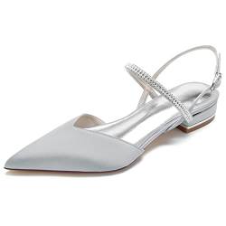 KJCQGQTZ Slingback-Hochzeitsschuhe Damen Kitten-Heel-Satin Niedrige Abendschuhe Braut Chunky Heel Abendgesellschaft Spitzschuh Mit Knöchelriemen Strasssteine Anziehen Sandalen,Silver5,40 EU von KJCQGQTZ