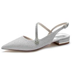 KJCQGQTZ Slingback-Hochzeitsschuhe Damen Kitten-Heel-Satin Niedrige Abendschuhe Braut Chunky Heel Abendgesellschaft Spitzschuh Mit Knöchelriemen Strasssteine Anziehen Sandalen,Silver7,40 EU von KJCQGQTZ