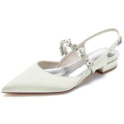 KJCQGQTZ Slingback-Pumps Für Damen 2,5Cm Niedriger Kitten-Heel Spitz Zulaufender Satin Hochzeit Sandalen Strass Knöchelriemen Klobiger Blockabsatz Flache Pumps Für Brautjungfer,Elfenbein,42 EU von KJCQGQTZ