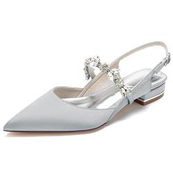 KJCQGQTZ Slingback-Pumps Für Damen 2,5Cm Niedriger Kitten-Heel Spitz Zulaufender Satin Hochzeit Sandalen Strass Knöchelriemen Klobiger Blockabsatz Flache Pumps Für Brautjungfer,Silber,39 EU von KJCQGQTZ