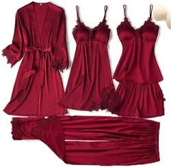 Damen 5-teiliges Nachtwäsche-Set aus Seidensatin, Schnürung, Cami-Top, Nachthemd, sexy Robe-Sets, Nachthemd, rot, 46 von KKAIRA