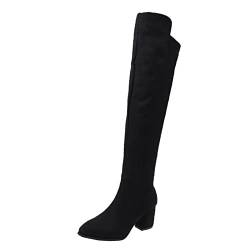 KKvoPiQ Damen Schwarz Kniehoch einfarbig spitze Zehe seitlicher Reißverschluss klobige High Heel Overknee-Stiefel Damen 42,5 (Black, 41) von KKvoPiQ