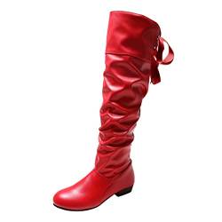 KKvoPiQ Hustenkräuter einfarbig Torfleder Fliege hinten dicke Ferse lange Stiefel Schuhe Wasserdicht Damen 42 (Red, 39) von KKvoPiQ