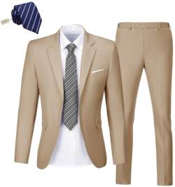 2-teiliges Herren-Anzug-Set, schmale Passform, 2 Knöpfe, Smoking-Set, Hochzeit, Blazer, Jacke, Hose, Krawatte, Business-Party, Abschlussball, Beige, S von KLAYOVE