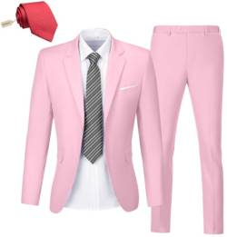 Herren 2-teiliges Anzug-Set, schmale Passform, 2 Knöpfe, Anzüge, Smoking-Set, Hochzeit, Blazer, Jacke, Hose, Krawatte, Business, Party, Abschlussball, Pink, XS von KLAYOVE