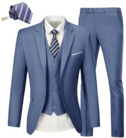 Herren Anzug Slim Fit 3 Stück Hochzeitskleid Tux Anzug Set Zwei Knöpfe Business Anzüge Blazer Jacke Weste Hose mit Krawatte, Denim Blau, M von KLAYOVE