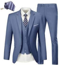 Herren Anzug Slim Fit 3 Stück Hochzeitskleid Tux Anzug Set Zwei Knöpfe Business Anzüge Blazer Jacke Weste Hose mit Krawatte, Denim Blau, XS von KLAYOVE