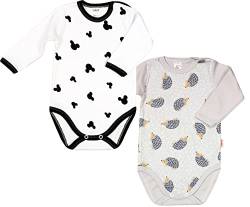 KLEKLE Baby Body - Body Langarm für Junge - 2er-Pack - mit Druckknöpfen - 100% Baumwolle - Babykleidung - 18m - 2 Jahre - Maus und Igel - Weiß und Grau von KLEKLE