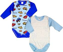 KLEKLE Baby Body - Body Langarm für Junge - 2er-Pack - mit Druckknöpfen - 100% Baumwolle - Babykleidung - 2 Jahre - 3 Jahre - Autos und Teddybär - Blau von KLEKLE