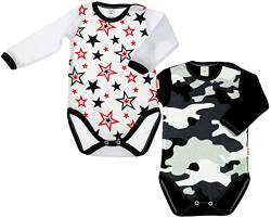 KLEKLE Baby Body - Body Langarm für Junge - 2er-Pack - mit Druckknöpfen - 100% Baumwolle - Babykleidung - 6m-9m - Tarn und Sterne - Schwarz und Weiß von KLEKLE