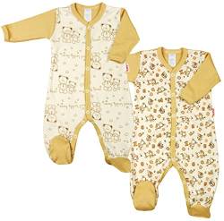 KLEKLE Baby Strampler - Schlafanzug - 2er-Pack - Walkoverall Baby mit Druckknöpfen - 100% Baumwolle - Babykleidung - 0-1m - Esel und Teddybär - Beige - Unisex von KLEKLE