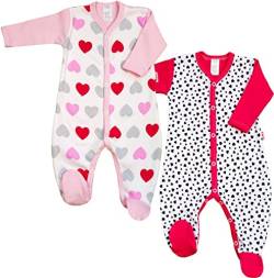 KLEKLE Baby Strampler - Schlafanzug - 2er-Pack - Walkoverall Baby mit Druckknöpfen - 100% Baumwolle - Babykleidung - 0-1m - Herzen - Rosa und Dunkelrosa - für Mädchen von KLEKLE