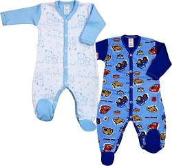 KLEKLE Baby Strampler - Schlafanzug - 2er-Pack - Walkoverall Baby mit Druckknöpfen - 100% Baumwolle - Babykleidung - 1-3m - Autos und Teddybär - Kornblumenblau - für Jungen von KLEKLE