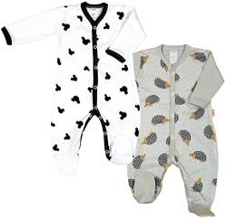 KLEKLE Baby Strampler - Schlafanzug - 2er-Pack - Walkoverall Baby mit Druckknöpfen - 100% Baumwolle - Babykleidung - 1-3m - Maus und Igel - Weiß und Grau - für Jungen von KLEKLE