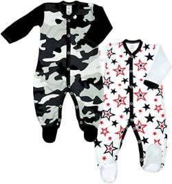 KLEKLE Baby Strampler - Schlafanzug - 2er-Pack - Walkoverall Baby mit Druckknöpfen - 100% Baumwolle - Babykleidung - 1-3m - Moro und Sterne - Schwarz und Weiß - für Jungen von KLEKLE