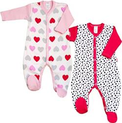 KLEKLE Baby Strampler - Schlafanzug - 2er-Pack - Walkoverall Baby mit Druckknöpfen - 100% Baumwolle - Babykleidung - 3-6m - Herzen - Rosa und Dunkelrosa - für Mädchen von KLEKLE