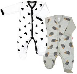 KLEKLE Baby Strampler - Schlafanzug - 2er-Pack - Walkoverall Baby mit Druckknöpfen - 100% Baumwolle - Babykleidung - 9-12m - Maus und Igel - Weiß und Grau - für Jungen von KLEKLE