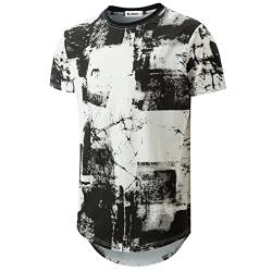 KLIEGOU Herren Hipster Hip Hop Ripped Round Hem Pattern Print T-Shirt, weiß1, X-Groß von KLIEGOU