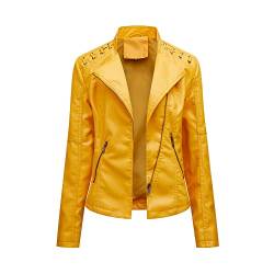 KLKKL Neu Damen Lederjacke Kurz Kunstlederjacke Reißverschluss Regular Fit Jacke Übergangsjacke Female Leather Jacket (Gelb,3XL) von KLKKL