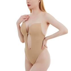 KLONKEE Damen Rückenfrei Shapewear U Plunge Spitze Bodysuit Tiefer V Ausschnitt Body Shaper für niedrigen Rücken Kleid, beige, 75D von KLONKEE