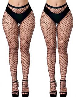 KLONKEE Netzstrumpfhose Schwarz für Damen, Fishnet Stockings Strumpfhosen Netzstrümpfe Fischnetz Strümpfe Sexy Elastisch Hohe Taille Strumpfhosen（2 PCS） von KLONKEE