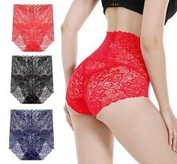 KLONKEE Unterwäsche Damen Spitze Slips Set Hoher Taille Unterhosen Hipster Panty Dessous Große Größen für Faruen 3-er Pack(Schwarz Rot Blau,Groß) von KLONKEE