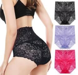 KLONKEE Unterwäsche Damen Spitze Slips Set Hoher Taille Unterhosen Hipster Panty Dessous Große Größen für Faruen 3-er Pack(Schwarz Wein Lila Blau,Mittel) von KLONKEE