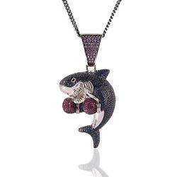 KMASAL Schmuck Hip Hop Iced Out Boxing Shark Anhänger Kette 18 K vergoldet Kreative Halskette für Männer Frauen (Silber) von KMASAL