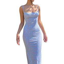 Damen Cutout Rückenfreies Maxikleid Sexy Ärmellos Split Cocktailkleider Bodycon Spaghettiträger Langes Kleid Party, Blume/Blau, Groß von KMBANGI