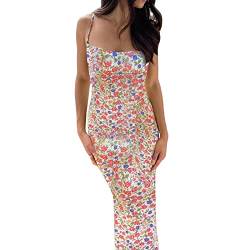 Frauen Ausschnitt Rückenfreies Maxikleid Sexy Ärmellos Split Cocktail Kleider Bodycon Spaghettiträger Langes Kleid Party, Blume bunt, Klein von KMBANGI