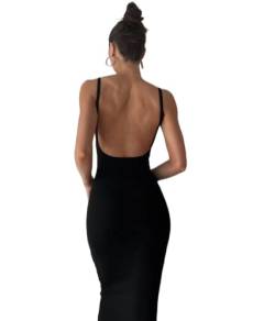 Frauen Ausschnitt Rückenfreies Maxikleid Sexy Ärmellos Split Cocktail Kleider Bodycon Spaghettiträger Langes Kleid Party, Offene Rückseite, schwarz., Klein von KMBANGI