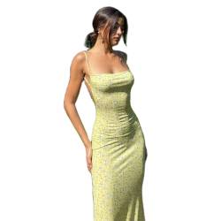 Frauen Ausschnitt Rückenfreies Maxikleid Sexy Ärmellos Split Cocktail Kleider Bodycon Spaghettiträger Langes Kleid Party, gelb, Klein von KMBANGI