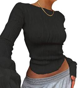 KMBANGI Frauen Sexy Slim Crop Shirt Langarm Rundhalsausschnitt Fitted T-Shirts Top Knit Cropped Tee Bluse Retro Streetwear, Schwarz strukturiert., Klein von KMBANGI