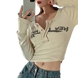 Y2K E-Girls 90er Jahre Langarmshirt mit Gesichtsdruck, Grafikdruck, schmale Passform, Bluse, H01-Apricot, Mittel von KMBANGI